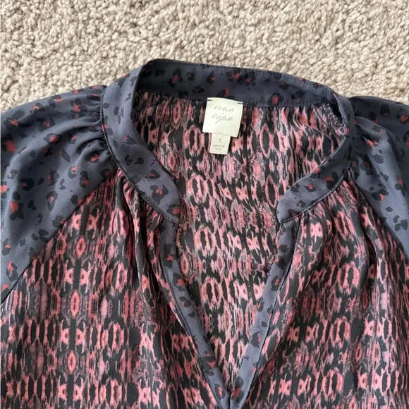 Women's Mixed-Print Long Sleeve Blouse in Wine and Black - Picture 3 of 5
